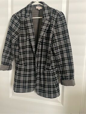 LOFT Black and White Plaid Open-Front Blazer
